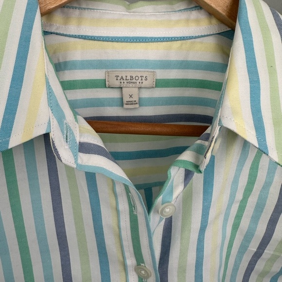 Talbots Plus Size 1X Striped Button Up Shirt 100% Cotton Roll Tab Sleeves EUC - Picture 2 of 8